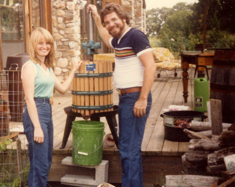 Paul Vincent and Merrill Bonarrigo with their first wine press.  Photo: Messina Hof archives