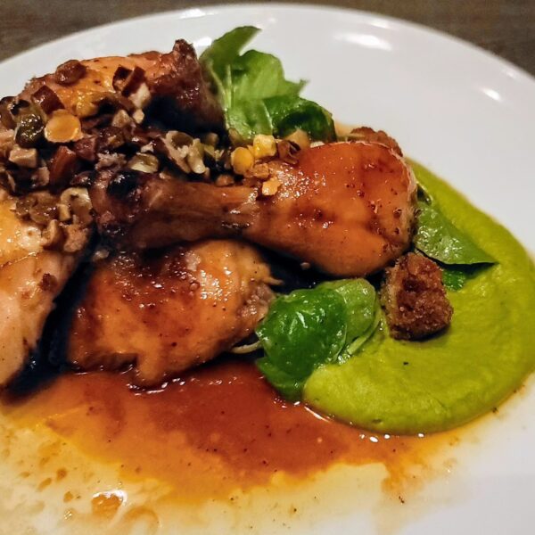 Roasted half chicken with pomegranate glaze, green chickpea puree, watercress, eggplant, sumac and pistachio. This chicken was fragrant and flavorful. Anything with pistachios added is a hit with us.