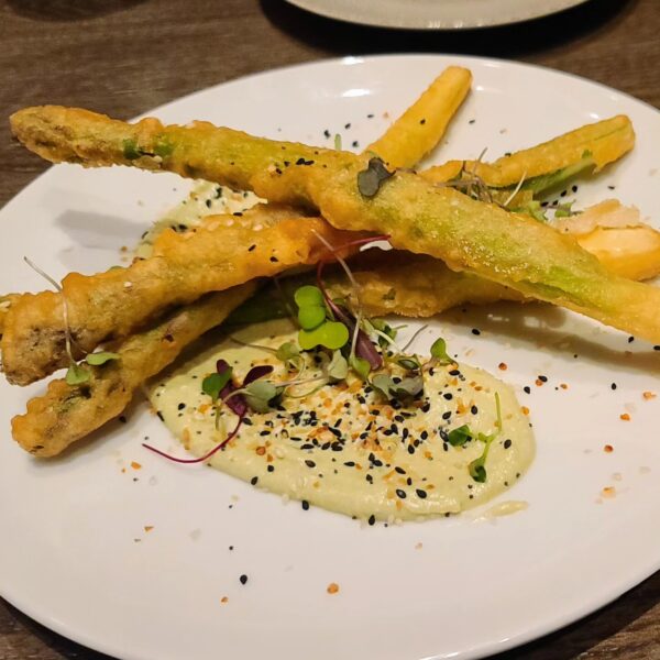 Tempera fried asparagus with whipped green goddess ricotta and everything spice. These were long stalks, lightly battered. Some were still tough to eat.