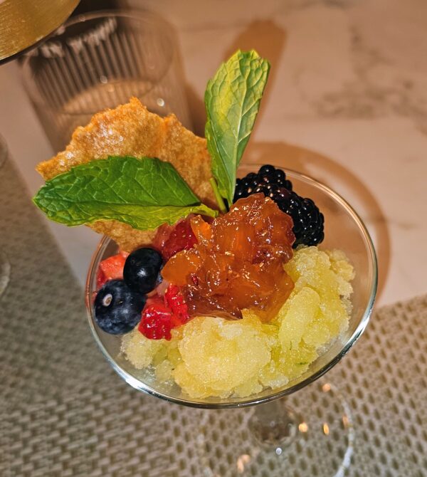 Shanghai Moon is a pineapple granita served with chutney and lime. This cool, lighter dessert sent us over the moon, especially with the wine pairing, a Disznóko Tokaji Aszu, 6 puttonyos from Hungary - like nectar!