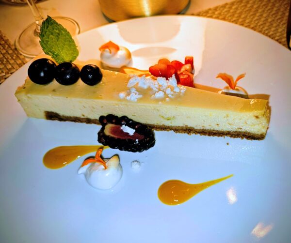 Key Lime Pie is more like a sliver of cake accented with burnt meringue and powdered yuzu oil with Stift Kloster Neuberg Gruner Veltliner Eiswein 2018