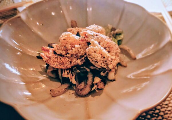 Salt baked jumbo Gulf shrimp, cabbage and onions - savory and textural paired with Insula Vinus Verdelho, Azores, Portugal, 2019