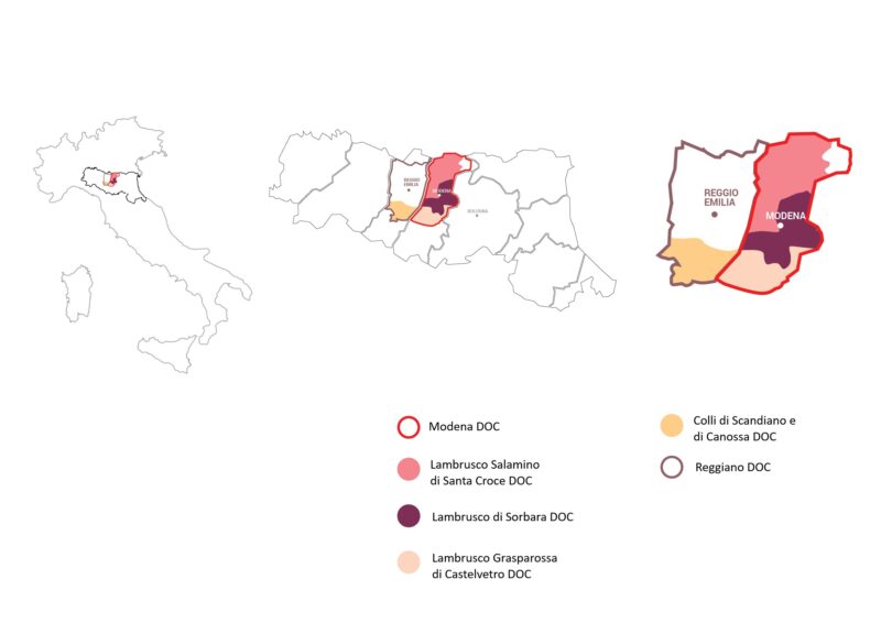 Map of the main Lambrusco production regions provided by the Consorzio Tutela Lambrusco