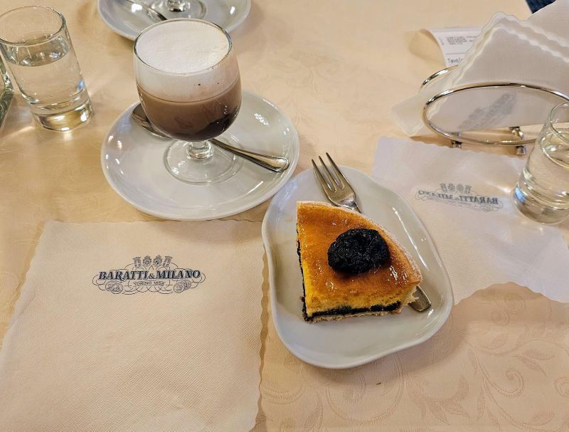 A glass of Bicerin with prune cake at Baratti & Milano