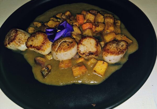 Chesapeake Bay Scallops with crawfish pineapple sauce, root veggie hash with hakurei turnips, Asian radishes, Kyoto red and coral carrots, Japanese sweet potato and golden beets