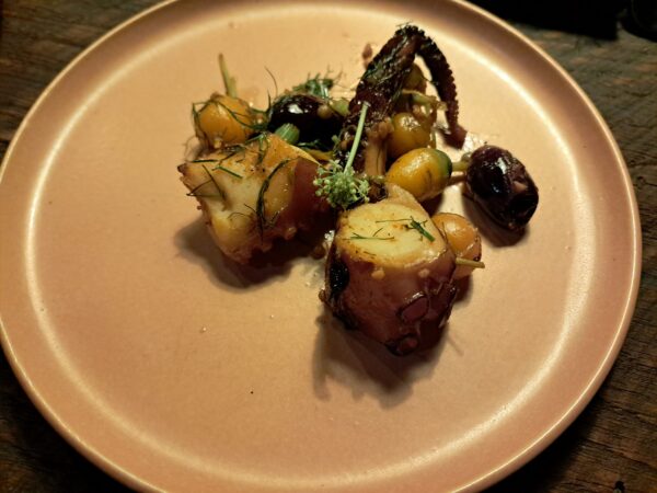 Beetzake octopus with Tiki Farm fennel and carrots, pickled fresh coriander berries, smoked kalamata olives, garlic and artichoke leek miso butter
