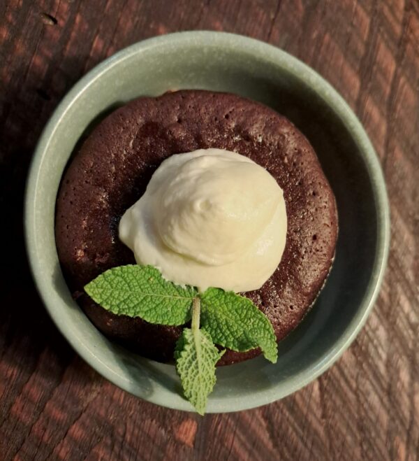 Miso flourless chocolate cake, Thai peanut butter pressed cookie and kaffir whip cream