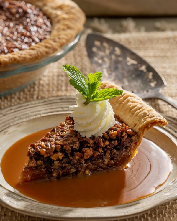 Pecan pie with caramel sauce at Brigtsen's