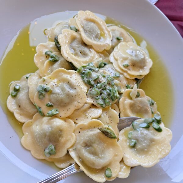 “:ittle daisy” pasta stuffed with spring asparagus and ricotta drizzled with local extra virgin olive oil.