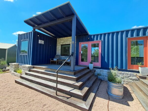 Shipping containers are transformed into Studio Cottages at Odonata Escape in Fredericksburg, Texas