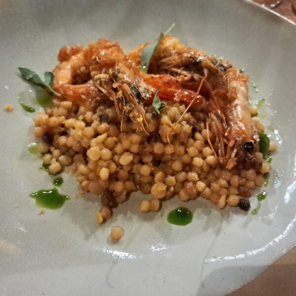 Gulf shrimp over fregola with bottarga, preserved lemon and basil