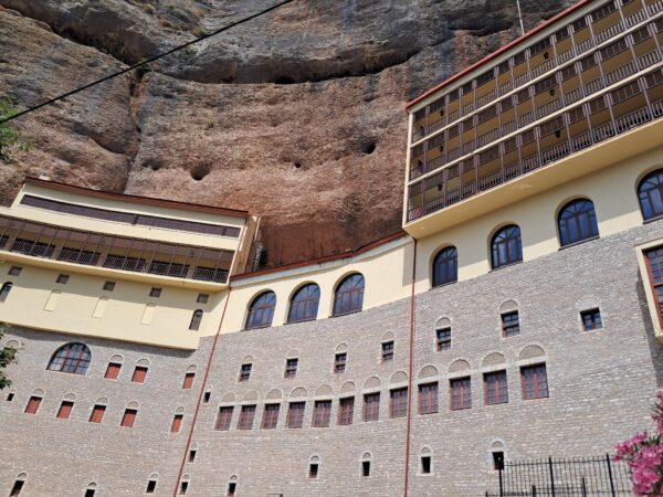 Mega Spileo Monastery is built into the side of a mountain.