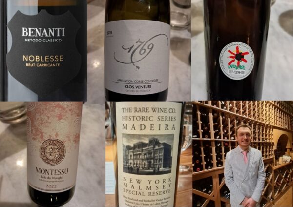 Wine Director Clayton Fox and labels of the Island wines we tasted